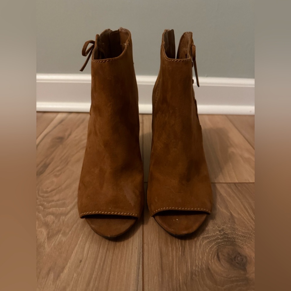 A.N.A. "A New Approach" Cognac Suede Open Toe Heels